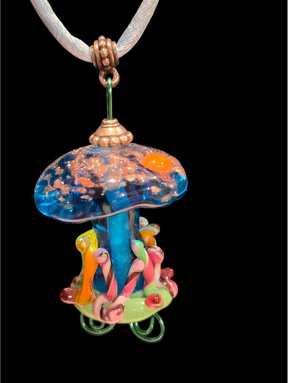 Artisan Blue Glass Jellyfish Mushroom Pendant Necklace 33mm Goldstone